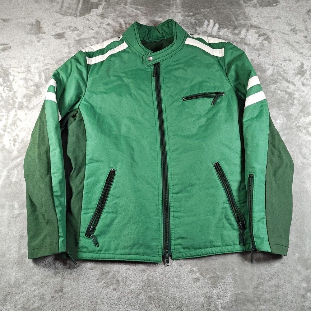 Vintage Racing Jacket Men Small Green Motorcycle Full Zip Striped Cafe Y2K Biker